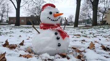 Charming snowman in snowy winter landscape. photo