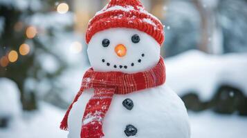 Snowy snowman adorned with red accessories in a winter scene. photo