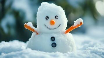 Smiling snowman nestled in winter snow. photo