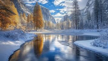 Winter wonderland landscape reflecting golden trees. photo