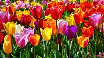 Vibrant colorful tulip field in spring sunshine. photo
