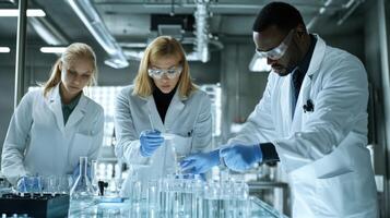 Three researchers working together in a laboratory setting. photo