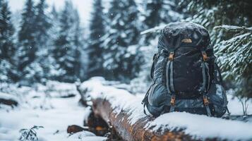 Dark gray backpack rests on a snowy log in winter woods. photo