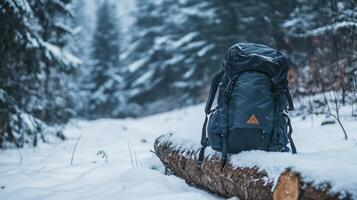 Dark winter backpack resting on a snow-covered log in a forest. photo