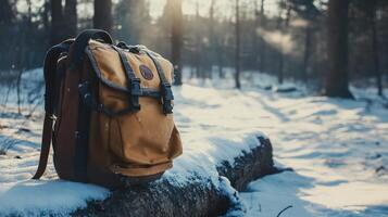Snowy forest scene with a simple backpack. photo