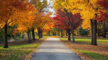 Autumnal pathway lined with vibrant fall foliage. photo