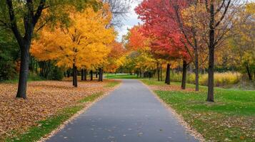 Autumnal pathway lined with colorful trees. photo