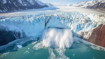 Glacial ice collapse into a turquoise lake, breathtaking mountain backdrop. photo