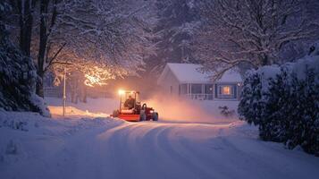 Snowy evening scene with snow removal equipment. photo