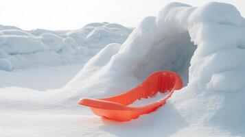 Bright orange sled resting near a snow cave. photo