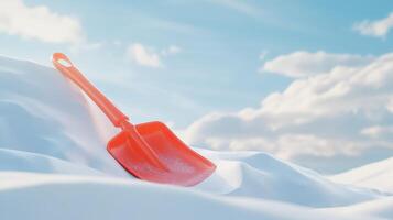 Winter scene with a bright red shovel in the snow. photo