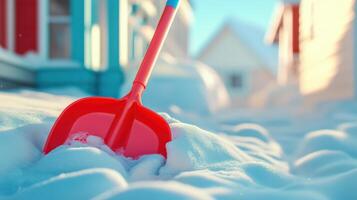 Snowy street scene with a bright red shovel. photo