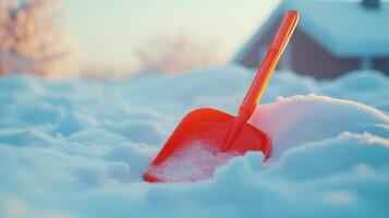 Red shovel nestled in winter snowdrift. photo