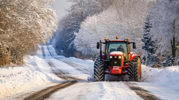 Snowy winter road with a red tractor moving forward. photo