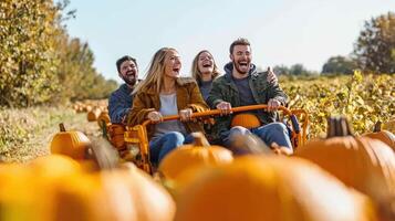Four friends enjoying a pumpkin patch ride. photo