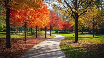 Autumnal path through a park bathed in sunlight. photo