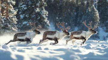 Three reindeer running across a snowy landscape. photo
