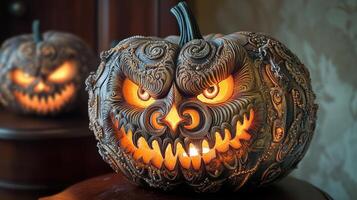 Ornate carved pumpkin with glowing eyes and teeth. photo