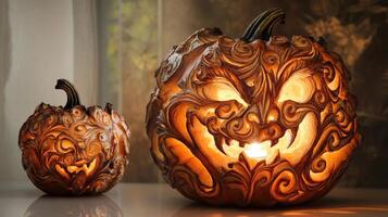 Ornate carved pumpkins, decorative and spooky. photo