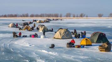 Frozen lake dotted with numerous fishing tents. photo