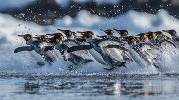 A group of penguins running through water. photo