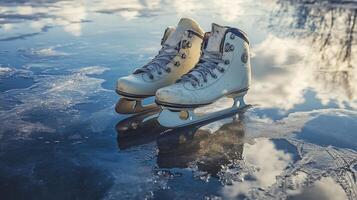 Ice skates reflecting in a frozen puddle. photo
