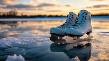 Ice skates resting on a frozen lake at sunset. photo
