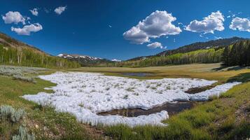 Panoramic view of a mountain valley with melting snow patches. photo