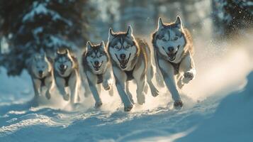 A group of huskies running swiftly through snowy terrain. photo
