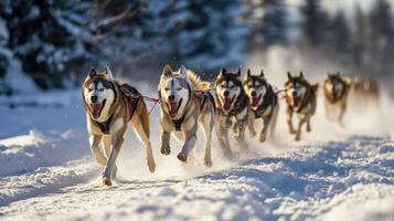A snowy landscape showcases a team of sled dogs in motion. photo