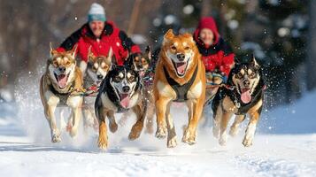 Winter scene of sled dogs in energetic motion. photo