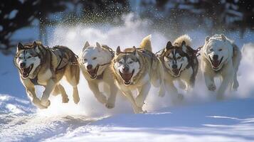 A group of huskies pulling a sled across snowy terrain. photo