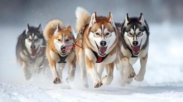 Four huskies in a spirited sled dog race across snowy terrain. photo