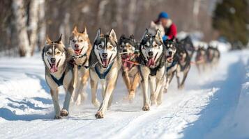 Husky sled dogs pulling a team in snowy landscape. photo