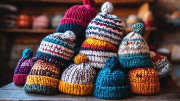 Pile of colorful handknitted hats on wooden surface. photo