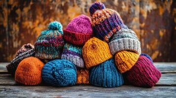 A colorful collection of knitted winter hats resting on a wooden surface. photo