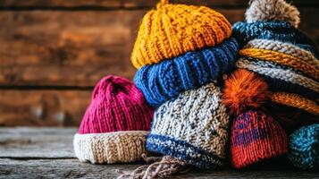 Pile of colorful knitted winter hats on wooden surface. photo