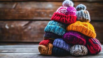 Colorful knitted hats stacked in a wooden background. photo