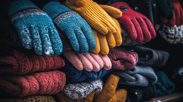 Colorful winter gloves and sweaters displayed on a wooden shelf. photo