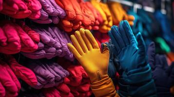 Vibrant display of colorful winter gloves on racks. photo