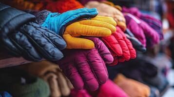 Colorful winter gloves displayed on a wooden shelf. photo