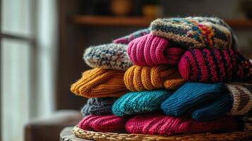 A stack of colorful knitted sweaters resting on a table. photo