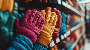 Colorful winter gloves displayed on store shelves. photo