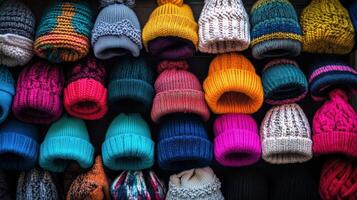 Colorful knitted hats displayed in a variety of patterns. photo