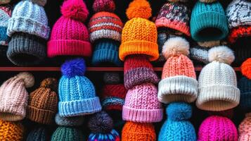 Colorful knitted hats displayed on store shelves. photo