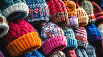 Colorful knitted hats displayed in a variety of patterns and shades. photo