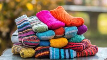 Colorful knitted socks in a stacked pile on a surface. photo