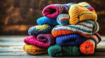 Colorful stack of rolled knitted garments on wooden surface. photo