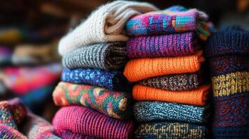 Colorful stack of folded wool socks in a variety of patterns. photo