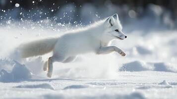 A swift arctic fox running through pristine snow. photo